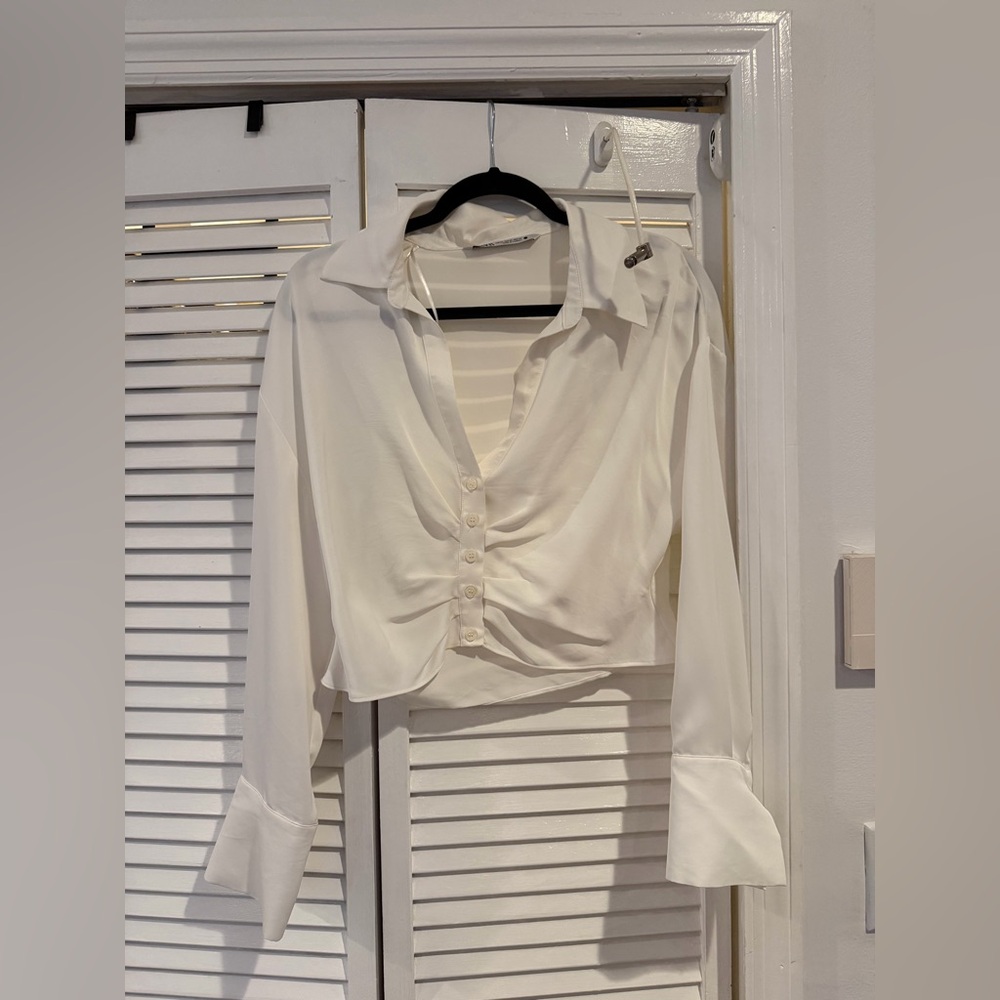 Zara Cream Ruched Button-Up Blouse
